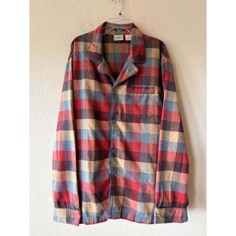 LL Bean Mens Flannel Pajama Top Large Red Blue Plaid Cotton Sleep Shirt 503282